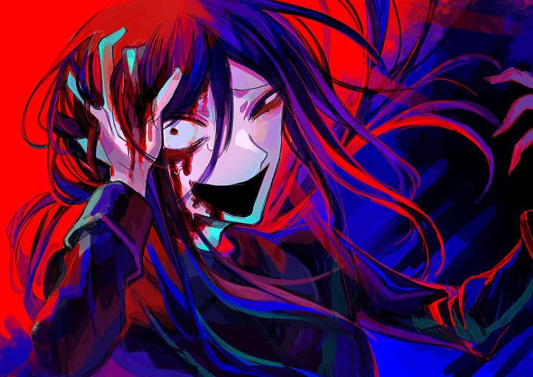 1boy black_eyes black_hair blood blood_from_mouth blood_on_face blue_background cassock crazy_eyes crazy_smile evil_smile fingernails hair_between_eyes hand_on_own_head himanemuitoma long_hair long_sleeves low_ponytail open_mouth orthodoxia_(vocaloid) ponytail red_background sharp_fingernails smile tadashi_kunai vocaloid
