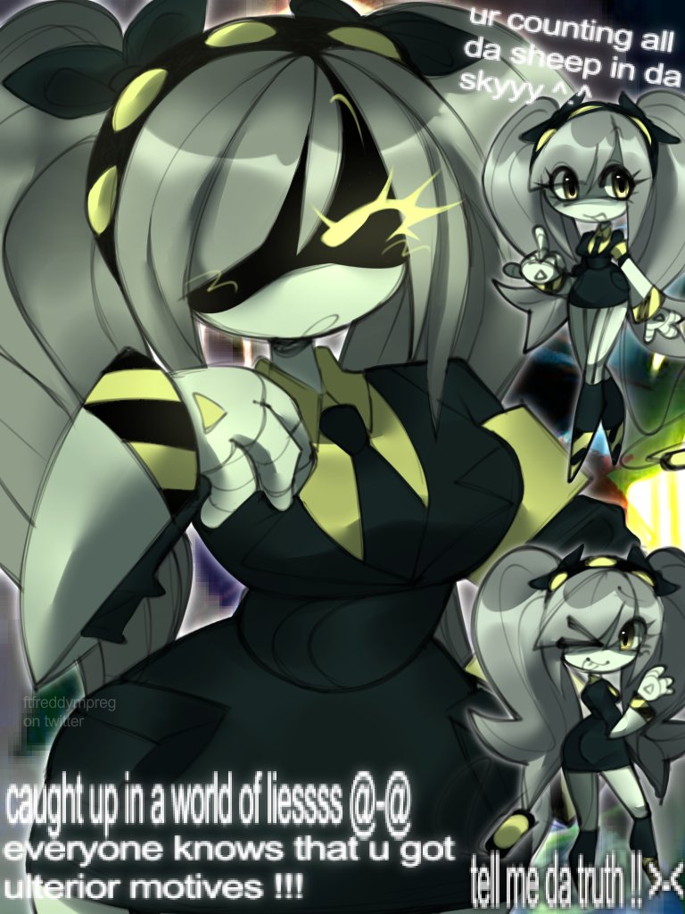 1girl :d ;p ass black_bow black_bowtie black_hairband black_jacket black_skirt bow bowtie breasts chibi colored_skin cropped_torso english_commentary english_text formal grey_hair grey_skin hairband huge_ass humanoid_robot j_(murder_drones) jacket joints light_blush lyrics medium_breasts middle_finger murder_drones one_eye_closed robot robot_girl robot_joints skirt skirt_suit smile suit tail tongue tongue_out twitter_username upper_body wyatt yellow_eyes