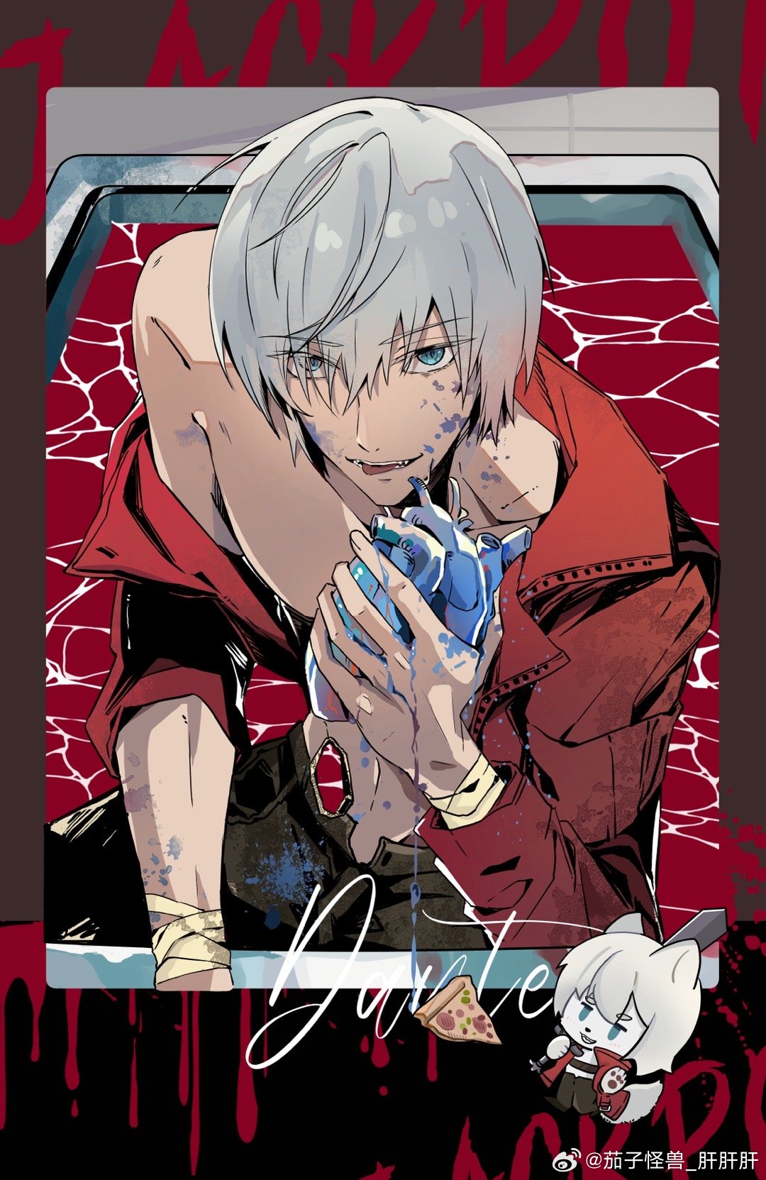 1boy bishounen blue_coat blue_eyes censored chibi chibi_inset coat dante_(devil_may_cry) devil_may_cry_(series) devil_may_cry_3 heart heart_censor highres holding looking_at_viewer male_focus open_mouth qiezi_guaishou red_coat smile solo water wet white_hair