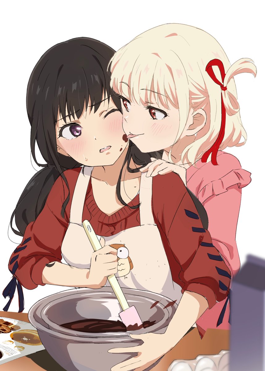 2girls apron black_hair blonde_hair blush bowl chocolate chocolate_making collarbone commentary food food_on_face frilled_shirt frills hair_ribbon highres holding holding_spatula inoue_takina licking licking_another's_cheek licking_another's_face long_hair low_twintails lycoris_recoil multiple_girls nishikigi_chisato one_eye_closed one_side_up open_mouth or2_(sahr7857) pink_shirt red_eyes red_ribbon red_sweater ribbon shirt short_hair simple_background sleeves_past_elbows spatula sweatdrop sweater tongue tongue_out twintails valentine violet_eyes white_apron white_background yuri