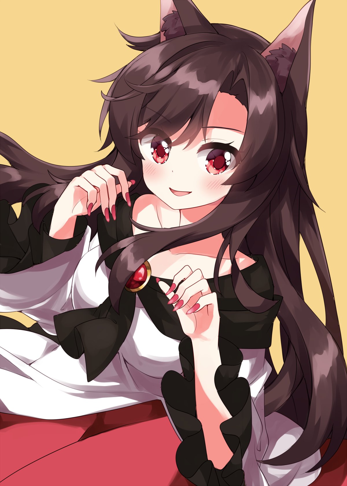 1girl animal_ears brooch brown_hair dress fingernails frilled_sleeves frills happy highres imaizumi_kagerou jewelry long_fingernails long_hair long_sleeves parted_lips red_dress red_eyes red_nails ruu_(tksymkw) simple_background smile solo touhou very_long_hair white_dress wide_sleeves wolf_ears yellow_background