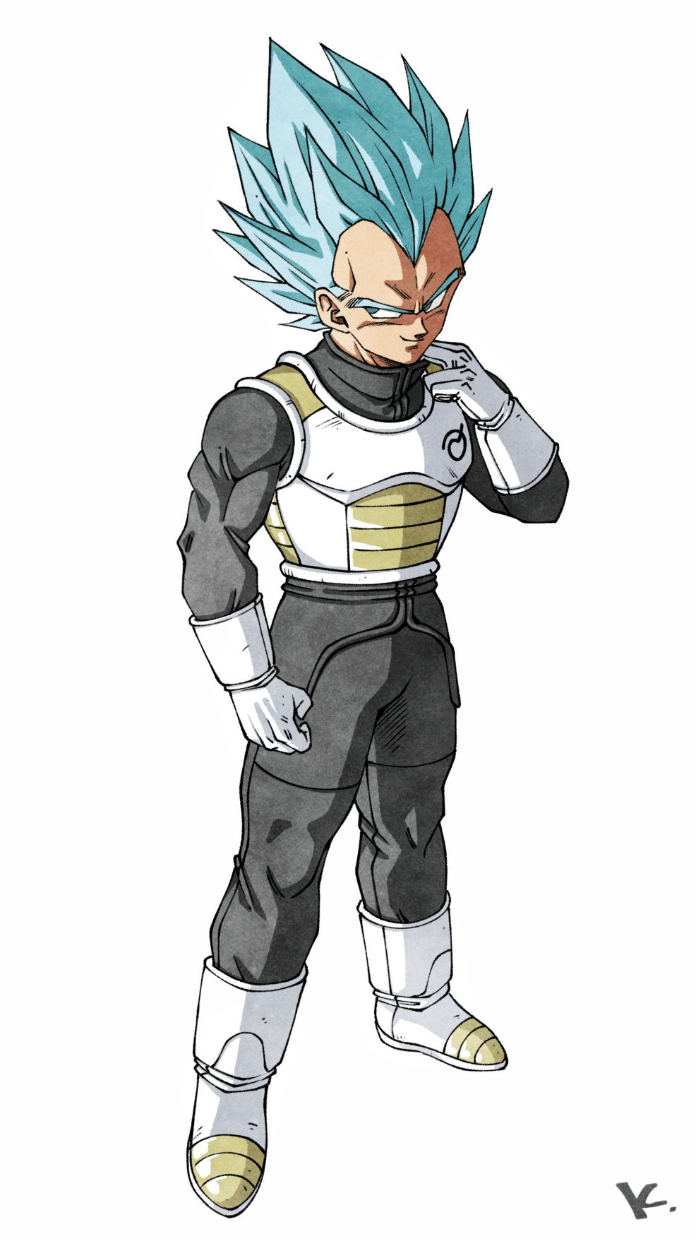 1boy armor black_jumpsuit blue_eyes blue_hair boots breastplate commentary commentary_request dragon_ball dragon_ball_z dragon_ball_z_fukkatsu_no_f full_body gloves highres initial jumpsuit kakeru_(dbskakeru) looking_to_the_side male_focus official_style simple_background solo spiky_hair standing super_saiyan super_saiyan_blue toriyama_akira_(style) vegeta white_background white_footwear white_gloves