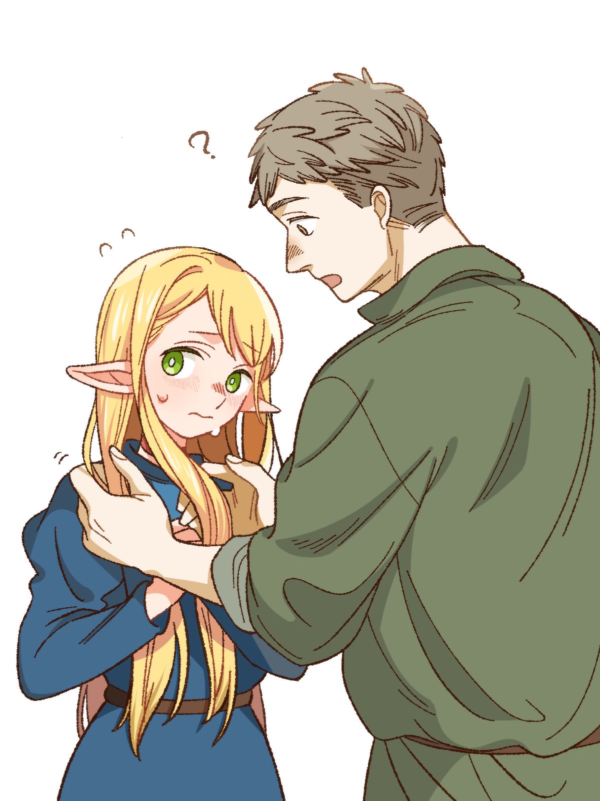 1boy 1girl ? belt blonde_hair blue_dress brown_belt choker commentary dress dungeon_meshi elf embarrassed green_eyes green_shirt hands_in_hair highres laios_thorden light_blush long_hair looking_to_the_side marcille_donato pointy_ears red_choker shirt short_hair sweat swept_bangs upper_body white_background yellow_eyes yoshi_taka_(y_04taka)