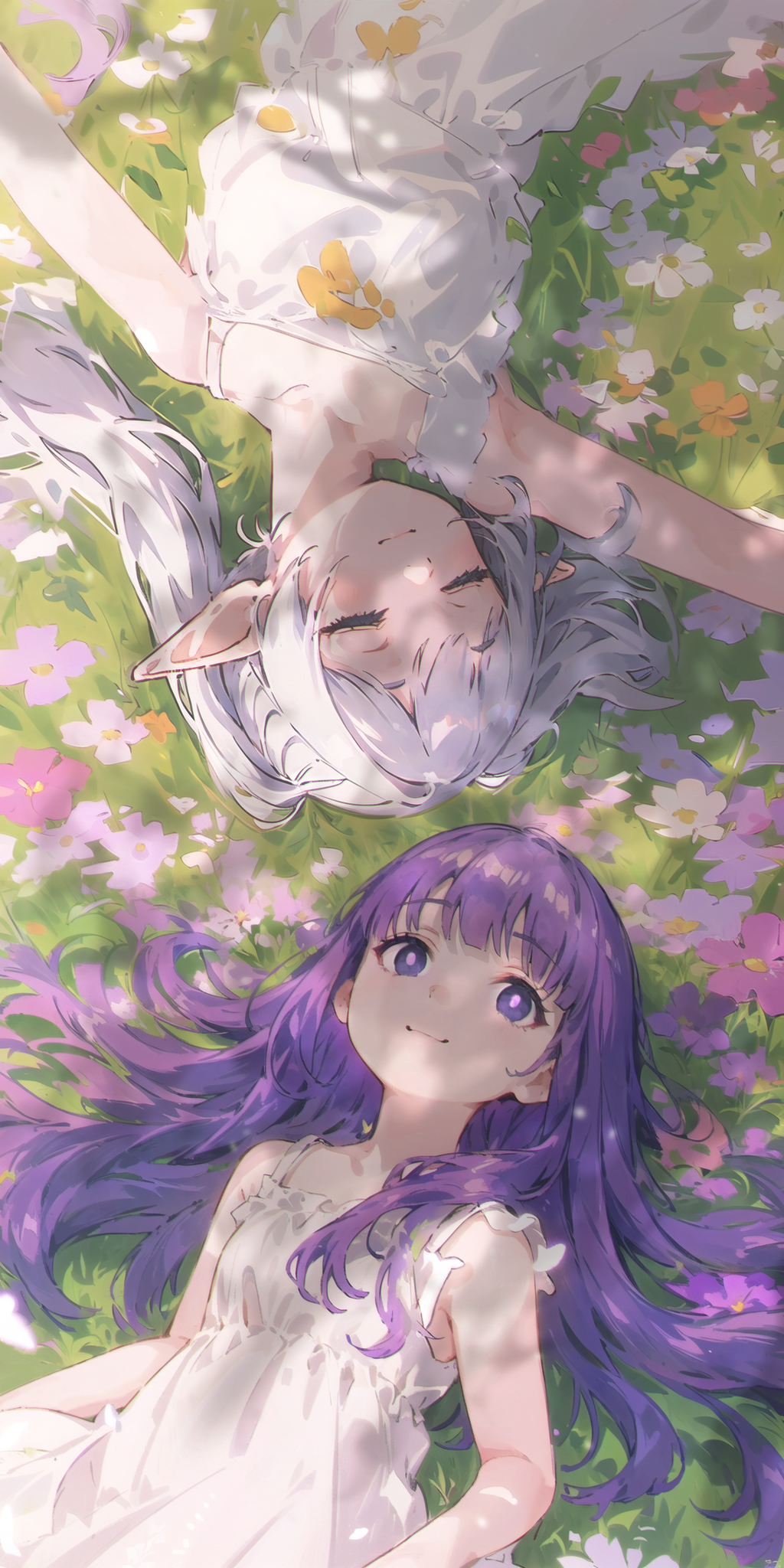 2girls :3 ai-assisted b74 bare_arms bare_shoulders blunt_bangs blush bright_pupils child chinese_commentary closed_eyes closed_mouth collarbone commentary_request daisy day dress elf english_commentary fern_(sousou_no_frieren) field flower flower_field flower_request frieren from_above grass grey_hair highres long_hair looking_at_viewer lying mixed-language_commentary multiple_girls on_back on_grass on_ground orange_flower outdoors parted_lips pink_flower plant pointy_ears purple_flower purple_hair sleeping sleeveless sleeveless_dress smile sousou_no_frieren sundress sunlight twintails very_long_hair violet_eyes white_dress white_flower white_hair white_pupils