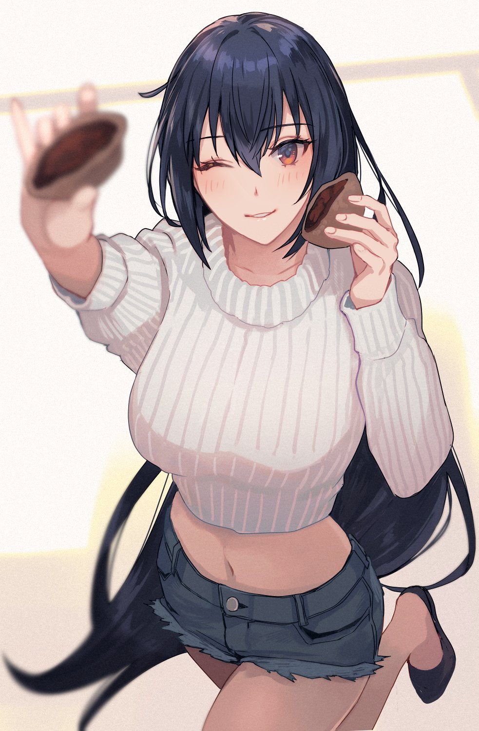 1girl ;) alternate_costume black_footwear black_hair breasts chocolate commentary_request denim denim_shorts food from_above hair_between_eyes highres holding holding_chocolate holding_food kantai_collection kasumi_(skchkko) large_breasts long_hair looking_at_viewer midriff nagato_(kancolle) navel one_eye_closed ribbed_sweater short_shorts shorts simple_background smile solo standing standing_on_one_leg sweater white_sweater