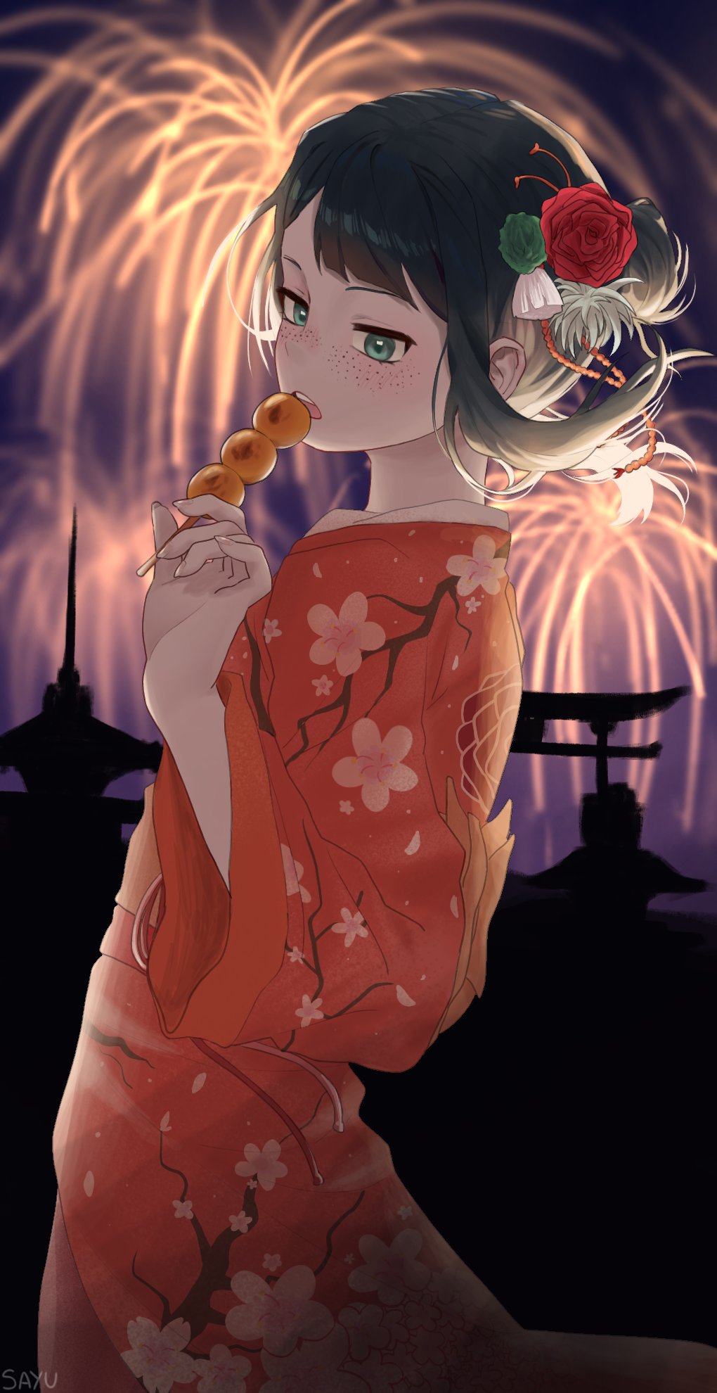 1girl alternate_costume artist_name black_hair commentary dango eating eizouken_ni_wa_te_wo_dasu_na! english_commentary ffrangofrito fireworks floating_hair floral_print flower food freckles from_side green_eyes hair_bun hair_flower hair_ornament hair_up highres holding holding_food japanese_clothes kanamori_sayaka kimono long_hair looking_at_viewer looking_to_the_side new_year night no_eyewear open_mouth outdoors pink_kimono red_flower sidelocks signature silhouette solo standing teeth temple torii upper_teeth_only wagashi
