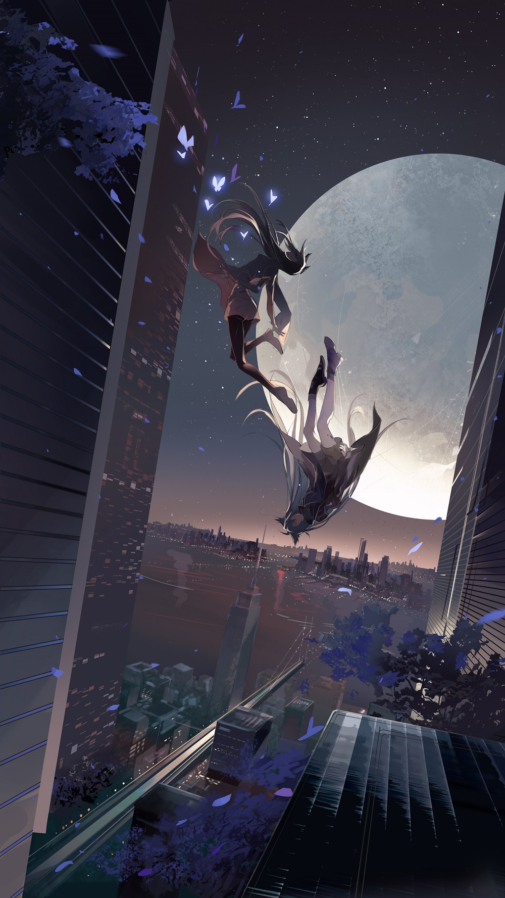 2girls air_conditioner animal_ears arknights bare_legs black_dress black_footwear black_pantyhose blue_petals bug building butterfly chinese_commentary city_lights cityscape dress falling falling_petals full_moon glowing_butterfly grey_hair grey_jacket highres jacket lappland_(arknights) long_hair moon multiple_girls nayannayan night night_sky outdoors pantyhose petals purple_butterfly shoes sky skyscraper star_(sky) starry_sky texas_(arknights) tree