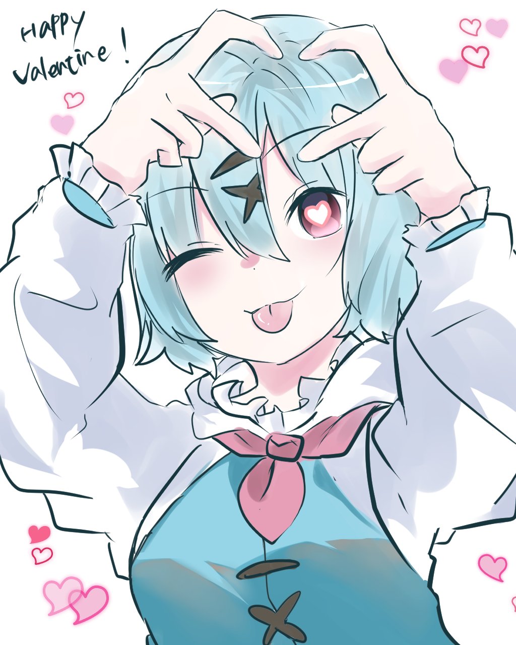 1girl arms_up blue_hair commentary_request darkness_666666 english_text hair_ornament happy_valentine heart heart-shaped_pupils heart_hands highres long_sleeves looking_at_viewer one_eye_closed short_hair simple_background solo symbol-shaped_pupils tatara_kogasa tongue tongue_out touhou upper_body white_background x_hair_ornament