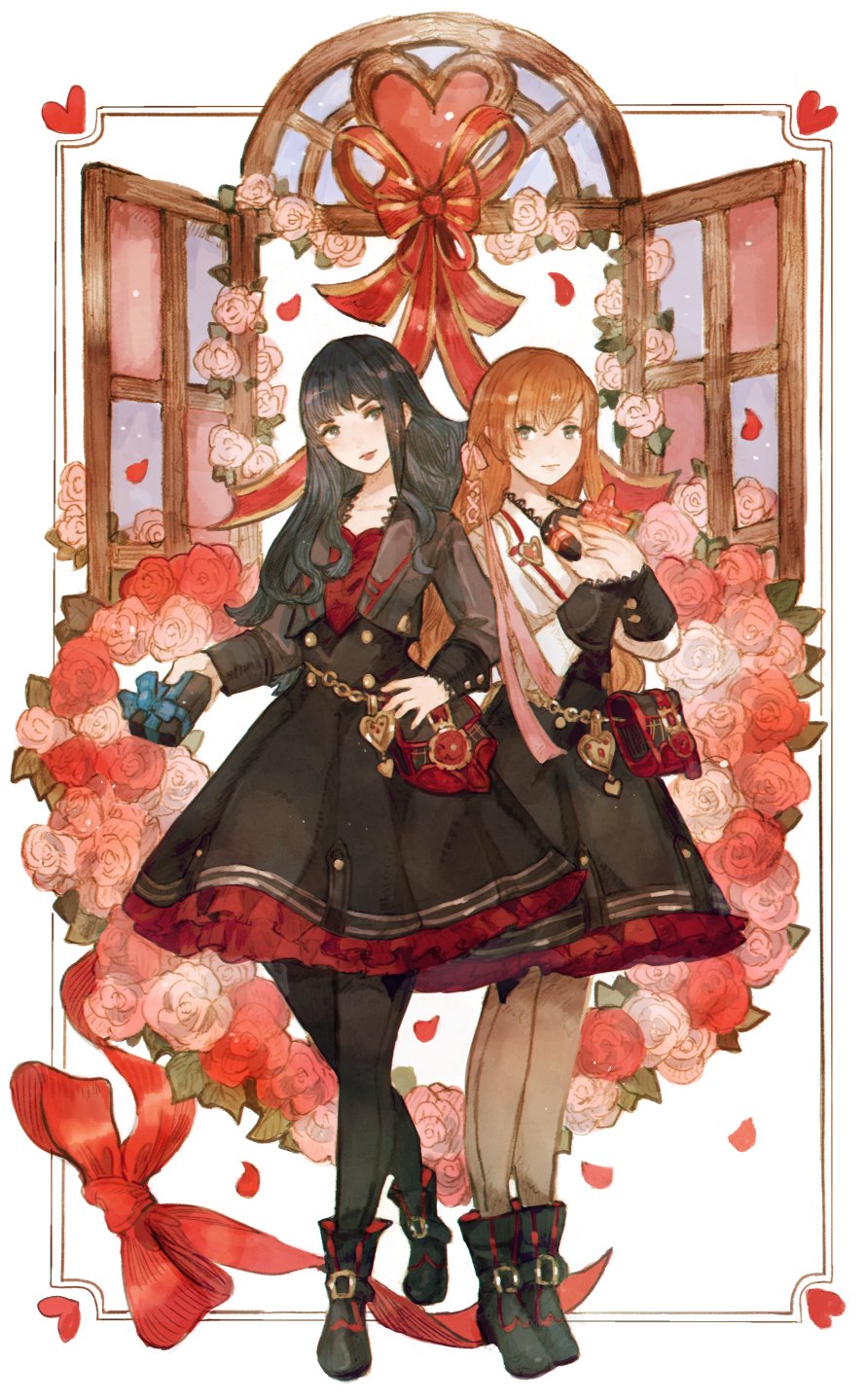 2girls alternate_costume ankle_boots black_eyes black_footwear black_hair black_jacket black_pantyhose black_skirt boots bow box brown_pantyhose buttons commentary cropped_jacket falling_petals final_fantasy final_fantasy_xiv flower flower_wreath frilled_skirt frills full_body gaia_(ff14) gift gift_box hair_ribbon hands_on_own_chest hands_up hatching_(texture) heart heart-shaped_wreath high-waist_skirt highres holding holding_gift hyur inset_border jacket lace-trimmed_jacket lace-trimmed_sleeves lace_trim leaf legs_together long_hair long_sleeves looking_at_viewer multiple_girls orange_hair pantyhose peppermint_jet petals pink_flower pink_rose pouch red_bow ribbon rose ryne_waters side-by-side skirt skirt_set smile standing valentine white_background white_jacket window