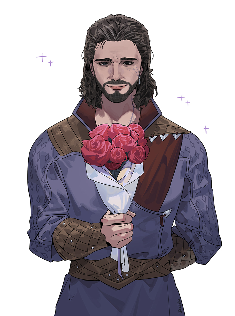 1boy arm_behind_back artist_name baldur's_gate baldur's_gate_3 beard black_eyes black_hair blue_robe bouquet byuub commentary cowboy_shot dungeons_and_dragons english_commentary facial_hair facial_mark flower gale_(baldur's_gate) holding holding_bouquet looking_at_viewer male_focus medium_hair mustache red_flower red_rose robe rose signature simple_background smile solo sparkle standing straight-on white_background