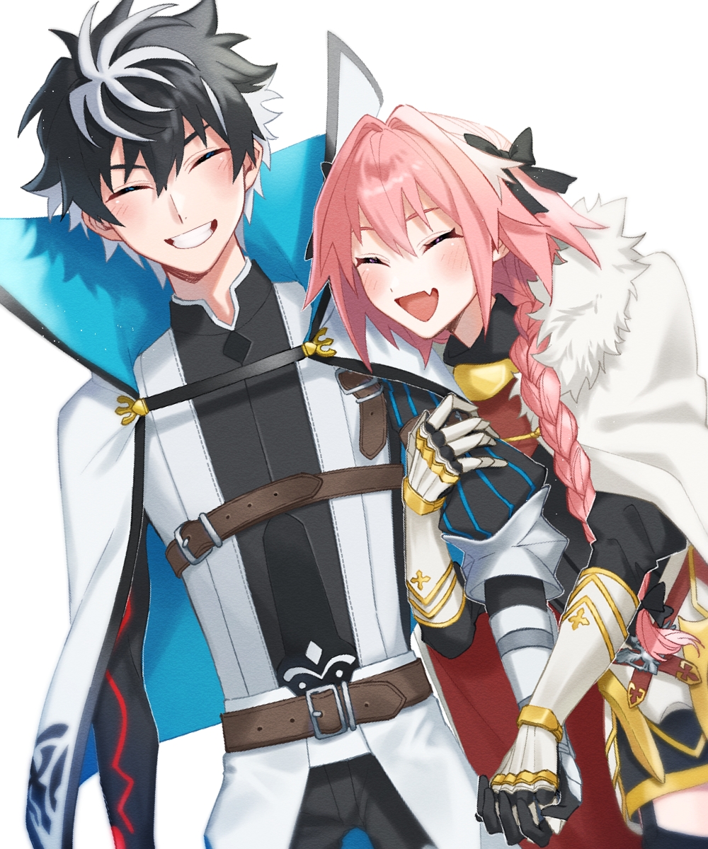 2boys astolfo_(fate) belt black_bow black_gloves black_hair black_thighhighs blue_eyes blush bow braid brown_belt cape charlemagne_(fate) closed_eyes closed_mouth fang fate/extella fate/extella_link fate/extra fate_(series) fur-trimmed_cape fur_trim garter_straps gauntlets gloves grin hair_between_eyes hair_bow hair_intakes highres holding_another's_arm holding_hands light_blush long_hair looking_at_another male_focus multicolored_hair multiple_boys open_mouth otoko_no_ko pink_hair short_hair simple_background single_braid skin_fang smile streaked_hair striped_sleeves thigh-highs two-sided_cape two-sided_fabric user_stsj7287 violet_eyes white_background white_cape white_fur white_hair