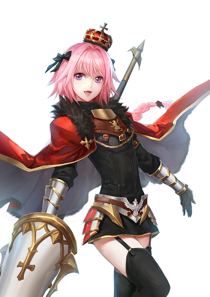 1boy astolfo_(fate) black_bow black_fur black_thighhighs bow braid cape cowboy_shot crown fang fate/grand_order fate_(series) fooltown fur-trimmed_cape fur_trim garter_straps gold_trim hair_bow hair_intakes holding holding_polearm holding_weapon lance long_hair male_focus multicolored_hair open_mouth otoko_no_ko pink_hair polearm red_cape simple_background single_braid skin_fang solo streaked_hair thigh-highs violet_eyes weapon white_background white_hair