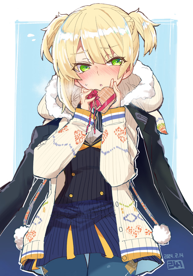 1girl argyle argyle_legwear asymmetrical_hair blonde_hair blue_background blue_pantyhose blush box braid cardigan commentary_request cowboy_shot dated embarrassed eyebrows_hidden_by_hair french_braid fujii_jun gift gift_box girls_frontline green_eyes heart-shaped_box holding holding_gift hooded_cardigan official_alternate_costume open_cardigan open_clothes pantyhose parted_lips solo sweatdrop two-tone_background valentine welrod_mkii_(english_in_love)_(girls'_frontline) welrod_mkii_(girls'_frontline) white_background