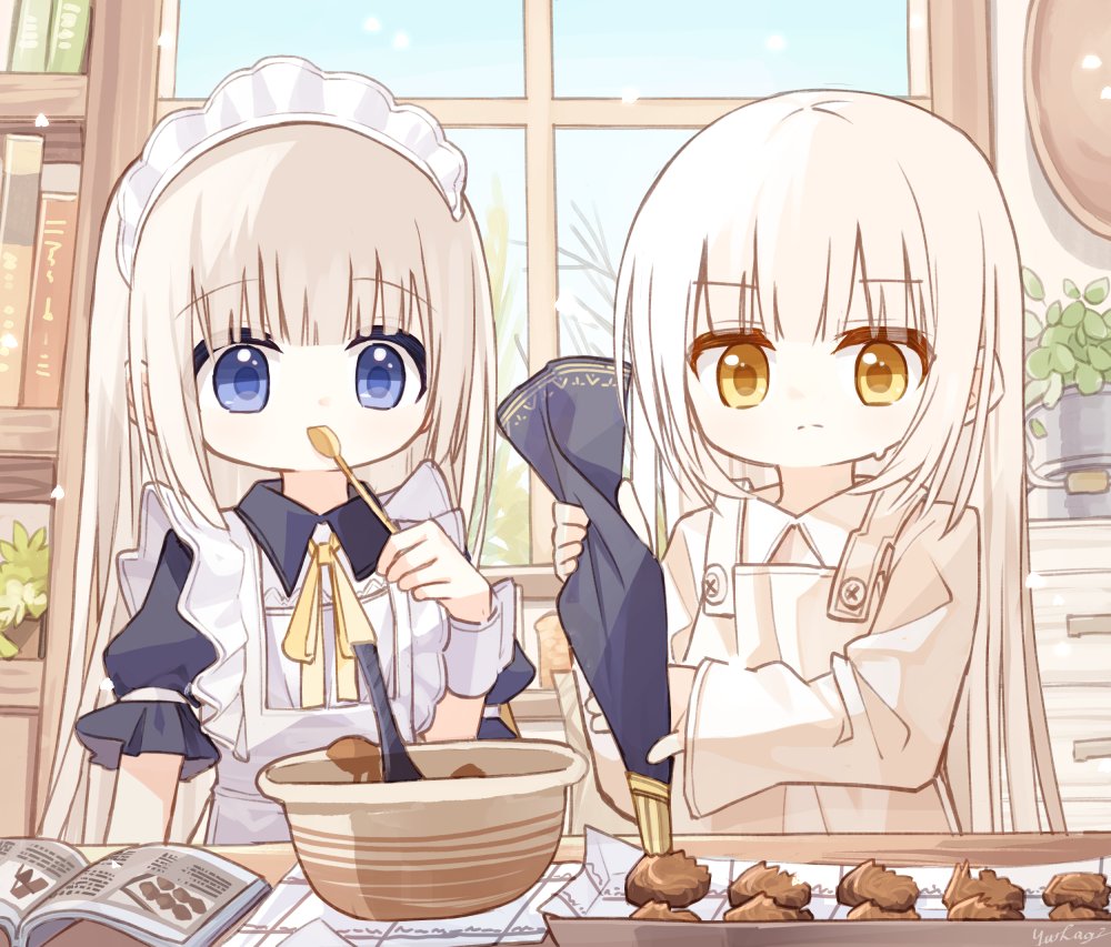 2girls alternate_costume apron black_dress blue_eyes blue_sky book bookshelf brown_eyes bunny_girl_(yuuhagi_(amaretto-no-natsu)) closed_mouth collared_dress collared_shirt commentary_request day dress enmaided frilled_apron frills grey_hair healer_girl_(yuuhagi_(amaretto-no-natsu)) holding holding_spoon indoors long_hair maid maid_apron maid_headdress mixing_bowl multiple_girls original pastry_bag puffy_short_sleeves puffy_sleeves shirt short_sleeves sky spoon table upper_body utensil_in_mouth very_long_hair white_apron white_hair white_shirt window yuuhagi_(amaretto-no-natsu)