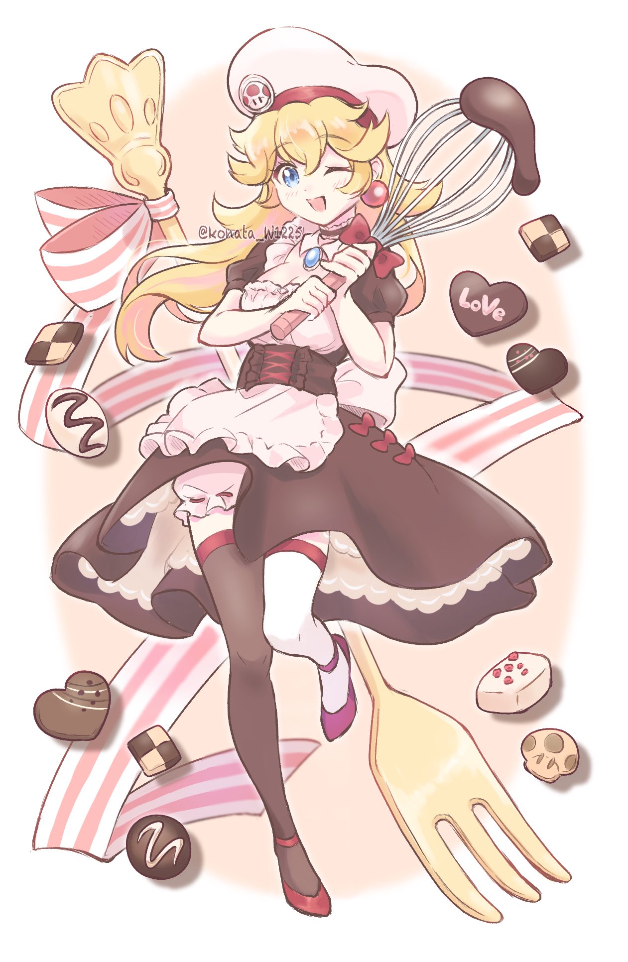 1girl asymmetrical_legwear bakery blonde_hair blue_eyes chef_hat chocolate cookie food fork hat highres holding holding_whisk konata_w1225 looking_at_viewer mismatched_legwear one_eye_closed open_mouth princess_peach shop super_mario_bros. thigh-highs whisk