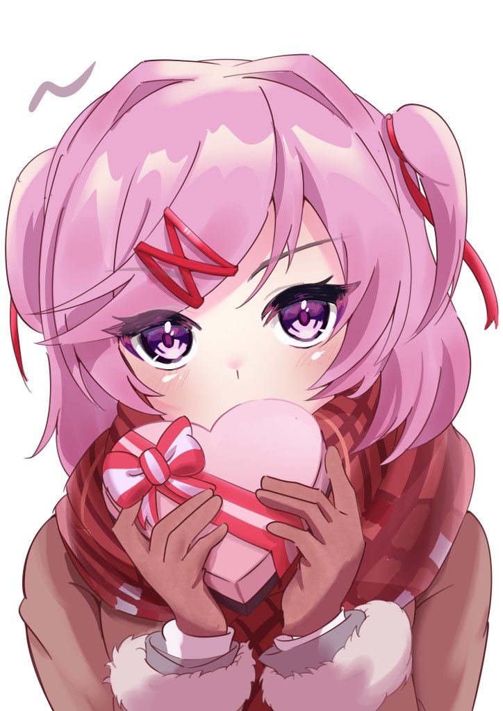 1girl accessories bangs blush cute doki_doki_literature_club gift gloves hair_accessories hair_intakes hair_ornament hair_ribbon hair_ribbons hairclip handwear heart heart-shaped_box holding holding_gift holding_object light_skin looking_at_viewer matching_hair/eyes natsuki_(doki_doki_literature_club) pale_skin pink_eyes pink_hair scarf short_hair short_twintails simple_background solo swept_bangs tied_hair twintails valentine valentines_day white_background yamepi89