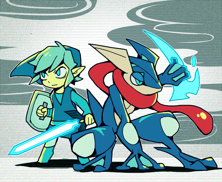 1boy ahoge aqua_eyes aqua_hair aqua_pants belt blue_belt blue_footwear blue_headwear blue_shirt blue_sleeves blue_theme blue_tunic boots closed_mouth clouds commentary_request expressionless greninja hand_on_ground holding holding_shield holding_sword holding_weapon link long_sleeves long_tongue master_sword outstretched_hand pants pointy_ears pointy_hair pokemon pokemon_(creature) red_scarf scarf shadow shield shirt short_hair squatting super_smash_bros. sword teijiro the_legend_of_zelda tongue toon_link v-neck weapon webbed_feet webbed_hands white_background