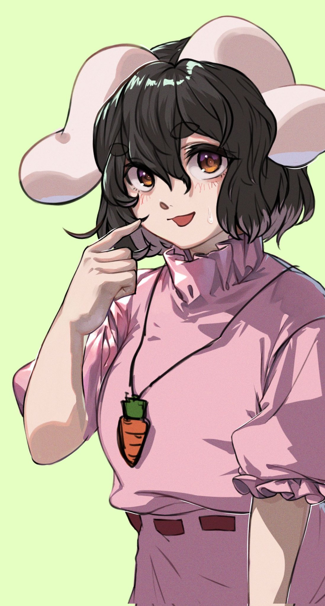 1girl animal_ears black_hair blush breasts brown_eyes carrot_necklace commentary_request cowboy_shot floppy_ears frilled_sleeves frills green_background hair_between_eyes hand_up highres inaba_tewi jewelry long_bangs looking_at_viewer medium_breasts necklace nio_(meple_nio) open_mouth pink_shirt pink_skirt pointing pointing_at_self puffy_short_sleeves puffy_sleeves rabbit_ears rabbit_girl ribbon-trimmed_skirt ribbon_trim shirt short_hair short_sleeves simple_background skirt solo thick_eyebrows touhou