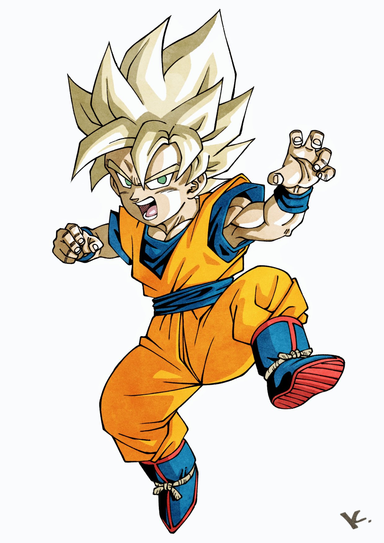 biceps blonde_hair blue_footwear blue_shirt boots character_request dragon_ball full_body green_eyes highres initial jumpsuit kakeru_(dbskakeru) looking_at_viewer male_focus muscular muscular_male official_style open_mouth orange_jumpsuit shirt simple_background sleeveless sleeveless_jumpsuit sleeveless_shirt solo spiky_hair teeth toriyama_akira_(style) white_background