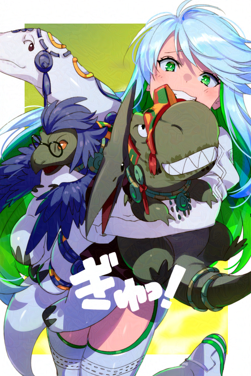 1girl archeopteryx boots brontosaurus colored_inner_hair cropped_jacket dinosaur echo_(circa) fate/grand_order fate_(series) glasses gloves green_eyes green_hair grin jacket kukulkan_(fate) kukulkan_(second_ascension)_(fate) leotard long_hair long_sleeves looking_at_viewer multicolored_hair pterosaur shrug_(clothing) sidelocks smile tepeu_(fate) thigh_boots thighs tyrannosaurus_rex wakchan white_footwear white_gloves white_hair white_jacket white_leotard xquic_(fate)