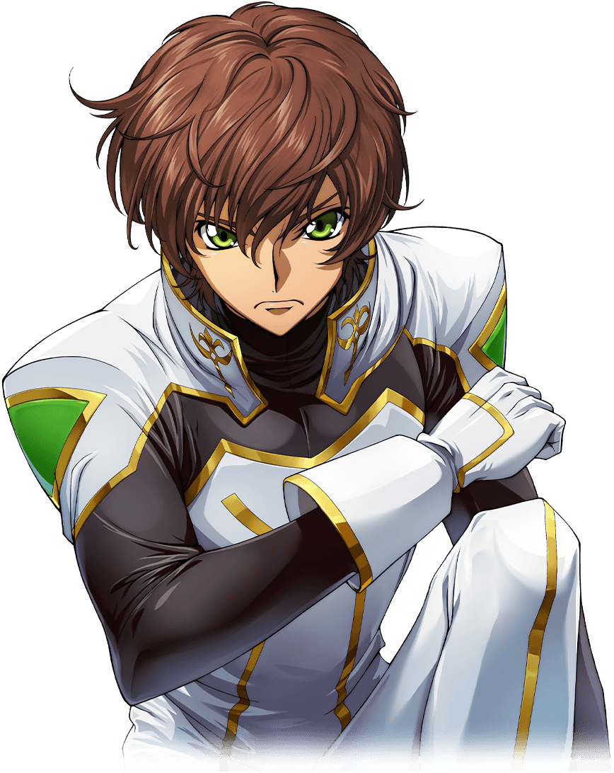1boy arm_at_side artist_request bodysuit brown_hair clenched_hand closed_mouth code_geass code_geass:_lost_stories game_cg gloves gold_trim green_eyes hand_up kururugi_suzaku leaning_forward looking_at_viewer male_focus non-web_source official_art on_one_knee serious short_hair sidelocks simple_background solo transparent_background v-shaped_eyebrows white_bodysuit white_gloves