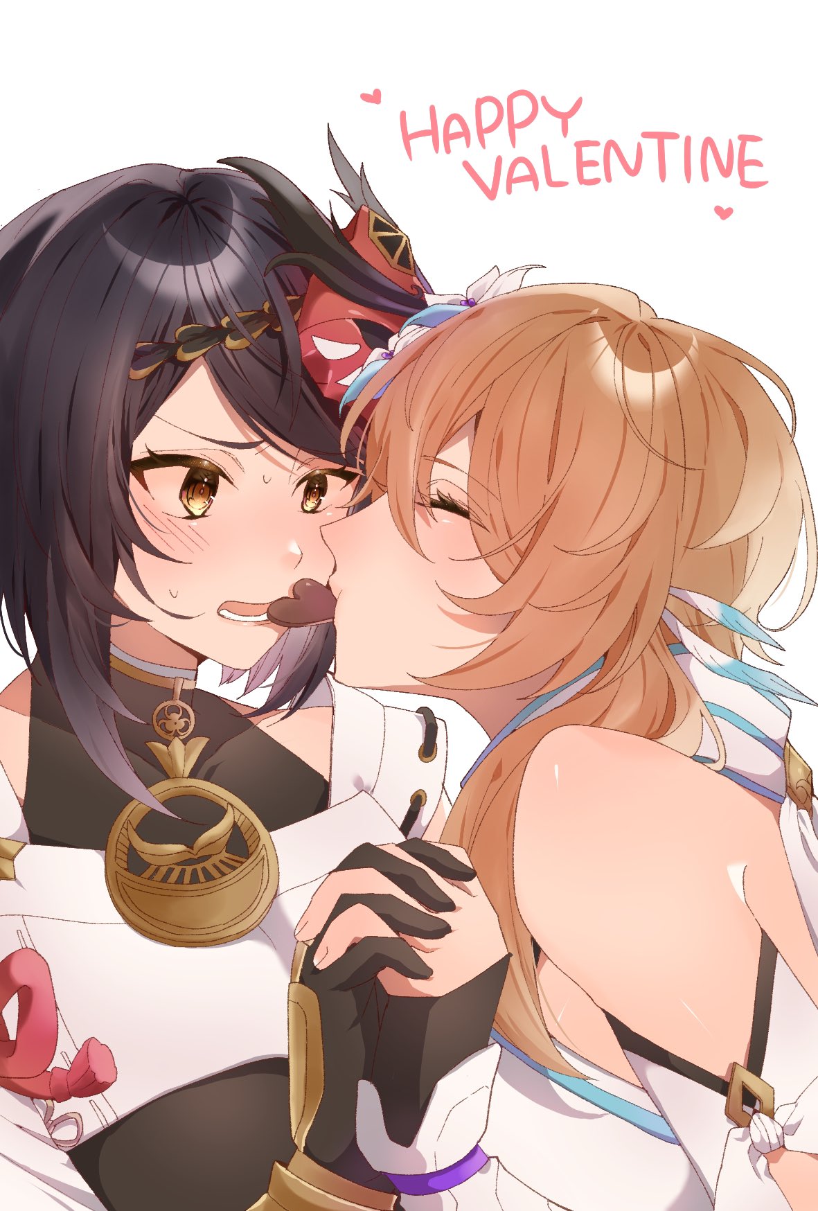 2girls black_gloves blonde_hair blush chocolate closed_eyes closed_mouth embarrassed english_text furrowed_brow genshin_impact gloves happy_valentine highres holding_hands imminent_kiss interlocked_fingers japanese_clothes kujou_sara looking_at_another lower_teeth_only lumine_(genshin_impact) mask mask_on_head multiple_girls na_genshin open_mouth short_hair short_hair_with_long_locks shy simple_background sweatdrop teeth tengu upper_body white_background yuri