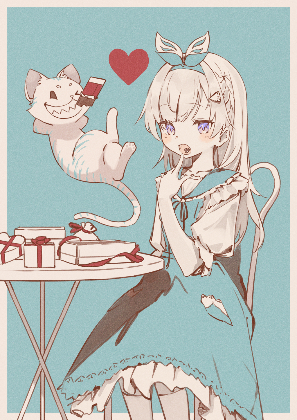 &gt;_o 1girl :d black_ribbon blue_bow blue_dress blush border bow bow_hairband box candy cat chair chocolate chocolate_bar dress eating feet_out_of_frame food frilled_sailor_collar frills gift gift_box grin hair_ornament hairband hairclip hand_up heart highres index_finger_raised limited_palette long_bangs long_hair long_sleeves looking_at_viewer neck_ribbon one_eye_closed open_mouth original outside_border petticoat ribbon sailor_collar sailor_dress shirt sitting smile solo table teeth thigh-highs valentine violet_eyes wakuseiy white_border white_hair white_shirt white_thighhighs