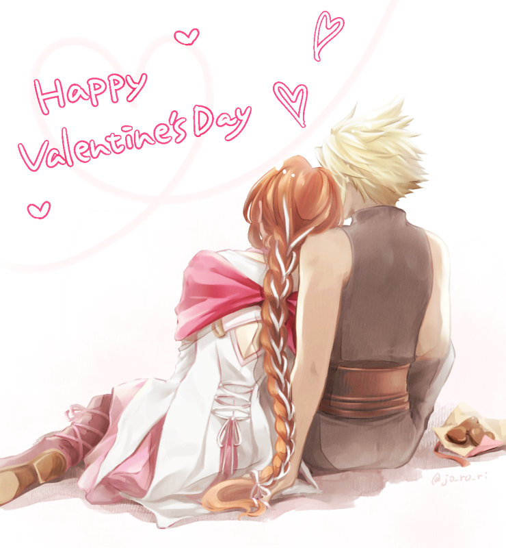 1boy 1girl aerith_gainsborough aerith_gainsborough_(floral_gown) back_cutout bare_shoulders belt blonde_hair boots braid brown_belt brown_footwear brown_hair capelet chocolate clothing_cutout cloud_strife couple dress facing_away final_fantasy final_fantasy_vii final_fantasy_vii_ever_crisis final_fantasy_vii_remake grey_pants grey_shirt hair_ribbon happy_valentine heart hetero jo_ro_ri layered_dress leaning_on_person long_hair long_sleeves multiple_belts official_alternate_costume pants pink_capelet pink_skirt ribbon shirt short_hair single_braid sitting skirt sleeveless sleeveless_turtleneck spiky_hair turtleneck twitter_username white_background white_dress white_ribbon wide_sleeves