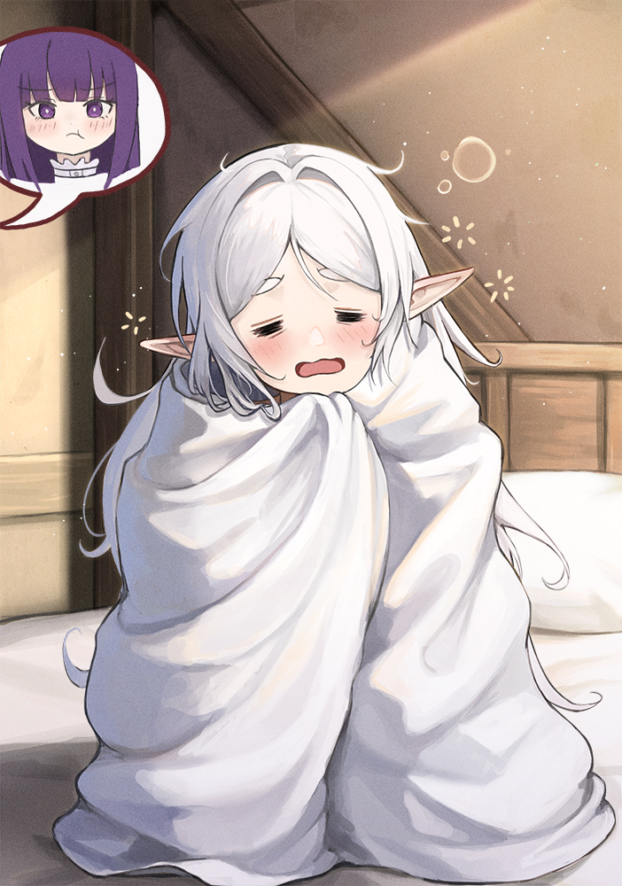 2girls bed blanket closed_eyes covering_with_blanket elf fern frieren grey_hair indoors mookyuu9 multiple_girls on_bed open_mouth pillow pointy_ears pout purple_hair sleep_bubble sleepy solo_focus sousou_no_frieren speech_bubble spoken_character violet_eyes