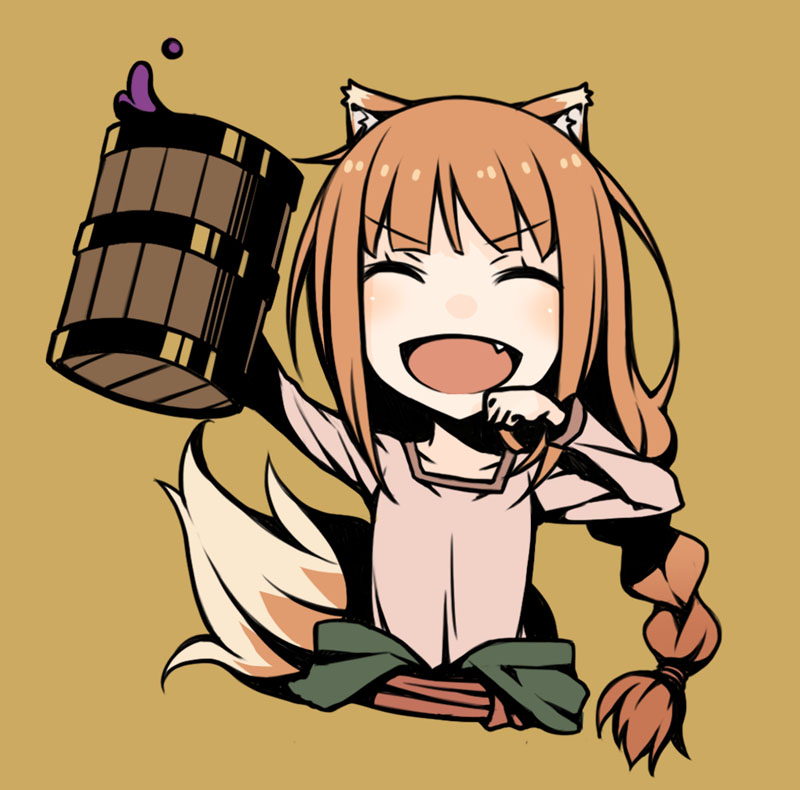 1girl 2023 :d ^_^ alcohol animal_ear_fluff animal_ears ayakura_juu blunt_bangs blush braid braided_ponytail brown_hair brown_shirt chibi closed_eyes commentary_request cropped_torso cup dated_commentary facing_viewer fang hand_up happy holding holding_cup holo long_hair long_sleeves low_ponytail open_mouth outstretched_arm shirt single_braid smile solo spice_and_wolf tail upper_body wolf_ears wolf_girl wolf_tail