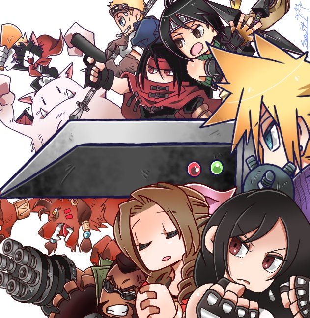 3girls 6+boys aerith_gainsborough anger_vein animal aqua_eyes armor bangle bare_shoulders barret_wallace beads black_fur black_gloves black_hair blonde_hair bracelet brown_hair buster_sword cait_sith_(ff7) cape cat chibi cid_highwind cigarette clenched_hands clenched_teeth cloak closed_mouth cloud_strife crop_top crown dangle_earrings dark-skinned_male dark_skin earrings facial_hair facial_mark fangs fangs_out fighting_stance final_fantasy final_fantasy_vii final_fantasy_vii_remake fingerless_gloves frown gloves goggles goggles_on_head green_shirt green_vest gun hair_beads hair_ornament hair_ribbon handgun headband holding holding_gun holding_megaphone holding_shuriken holding_sword holding_weapon jewelry long_hair materia megaphone mini_crown moogle multicolored_hair multiple_boys multiple_girls open_mouth orange_fur own_hands_clasped own_hands_together parted_bangs parted_lips pink_ribbon prosthetic_weapon purple_shirt red_cape red_cloak red_eyes red_headband red_xiii ribbon sen514_oekaki shirt short_hair shoulder_armor shuriken sidelocks single_earring spiky_hair stubble sunglasses sword teeth tifa_lockhart two-tone_hair vest vincent_valentine wavy_hair weapon white_background white_fur white_shirt yuffie_kisaragi
