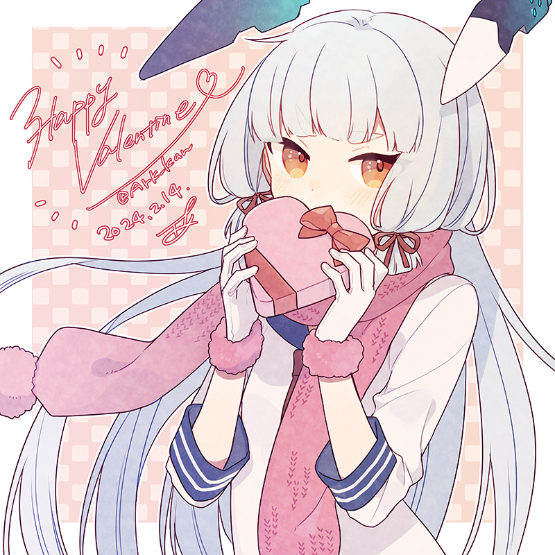 1girl ark_kan blue_sailor_collar blunt_bangs blush box dated dress floating_headgear fur-trimmed_gloves fur_trim gift gift_box gloves grey_hair hair_ribbon happy_valentine headgear heart-shaped_box holding holding_gift kantai_collection long_hair looking_at_viewer murakumo_(kancolle) orange_eyes pink_scarf red_ribbon ribbon sailor_collar sailor_dress scarf signature simple_background solo tress_ribbon twitter_username upper_body valentine white_dress white_gloves