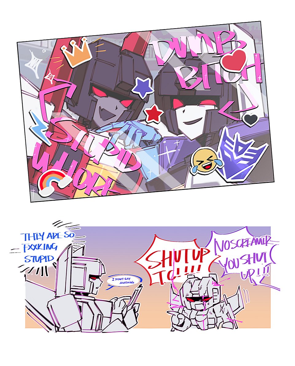 annoyed arrow_(symbol) cellphone chinese_commentary decepticon emoji english_text fang glint holding holding_phone looking_at_viewer open_mouth phone rainbow red_eyes shaded_face shouting skin_fang skywarp smartphone smile sparkle starscream thought_bubble thundercracker transformers transformers:_generation_1 uchikaze