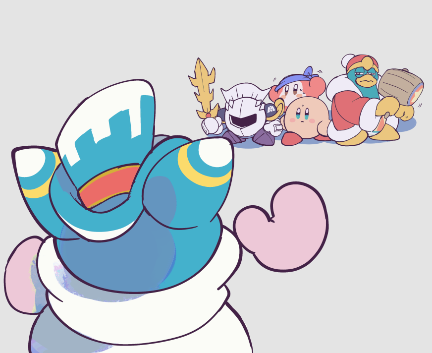 armor bandana bandana_waddle_dee blue_bandana blue_headwear blush_stickers cape commentary_request galaxia_(sword) gloves grey_background hammer holding holding_hammer holding_sword holding_weapon king_dedede kirby kirby's_return_to_dream_land_deluxe kirby_(series) looking_at_another magolor mask meta_knight ni_re no_humans pauldrons pom_pom_(clothes) shoulder_armor star_(symbol) sword weapon yellow_gloves