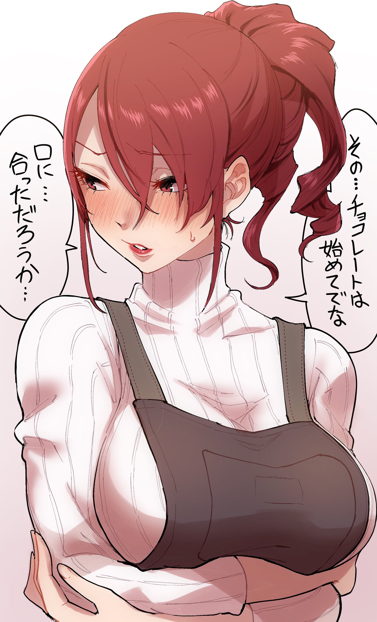 1girl apron black_apron blush breasts commentary_request crossed_arms highres kirijou_mitsuru kurosususu large_breasts lips long_hair persona persona_3 persona_3_reload ponytail red_eyes redhead sidelocks simple_background speech_bubble sweatdrop sweater translation_request upper_body white_sweater