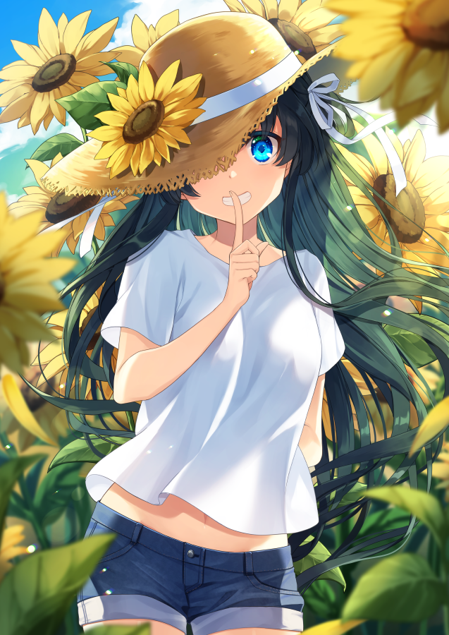 1girl arm_behind_back blue_eyes blue_shorts blue_sky clouds cloudy_sky commentary_request field finger_to_mouth flower flower_field green_hair hair_ornament hat long_hair looking_at_viewer natsu_mikan_(clutch) navel one_eye_covered original outdoors shirt short_sleeves shorts shushing sky smile straw_hat sunflower sunflower_field teeth very_long_hair white_shirt