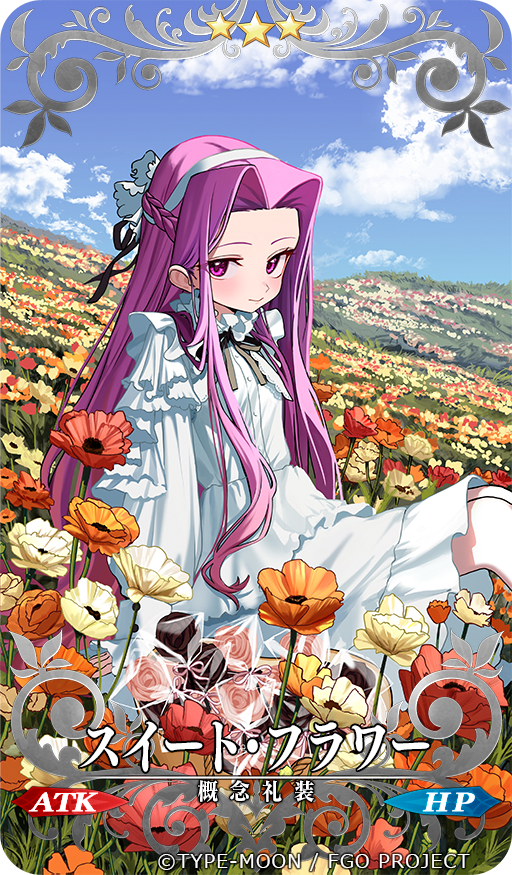 1girl blue_sky character_request check_character closed_mouth clouds commentary_request craft_essence_(fate) day dress fate/grand_order fate_(series) field flower flower_field long_sleeves looking_at_viewer luicent medusa_(fate) medusa_(lancer)_(fate) official_art orange_flower outdoors parted_bangs pink_hair puffy_long_sleeves puffy_sleeves red_flower sitting sky solo star_(symbol) violet_eyes white_dress white_flower yellow_flower