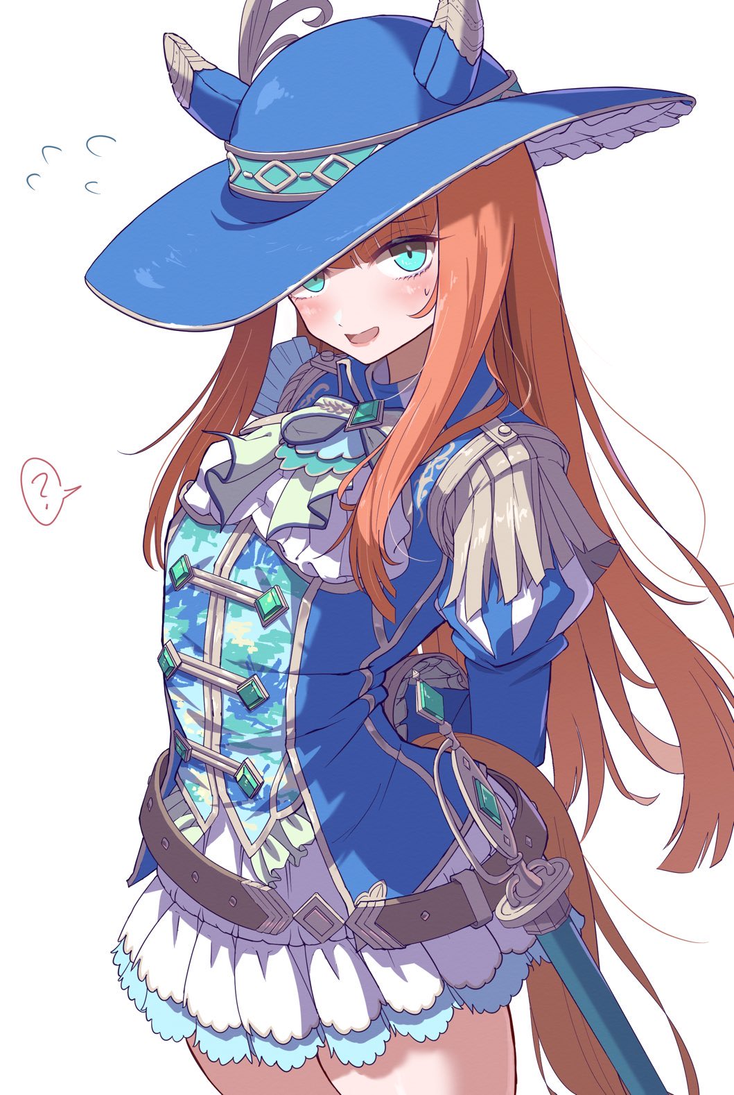 1girl ? animal_ears aqua_eyes arms_behind_back ascot blue_headwear blue_jacket blush buttons commentary_request cosplay cowboy_shot double-breasted ear_covers epaulettes highres horse_ears horse_girl horse_tail itosu200 jacket juliet_sleeves long_hair long_sleeves orange_hair pleated_skirt puffy_sleeves satono_diamond_(chevalier_bleu)_(umamusume) satono_diamond_(umamusume) satono_diamond_(umamusume)_(cosplay) sheath sheathed silence_suzuka_(umamusume) skirt smile solo spoken_question_mark sword tail umamusume weapon white_ascot white_background white_skirt wide_brim