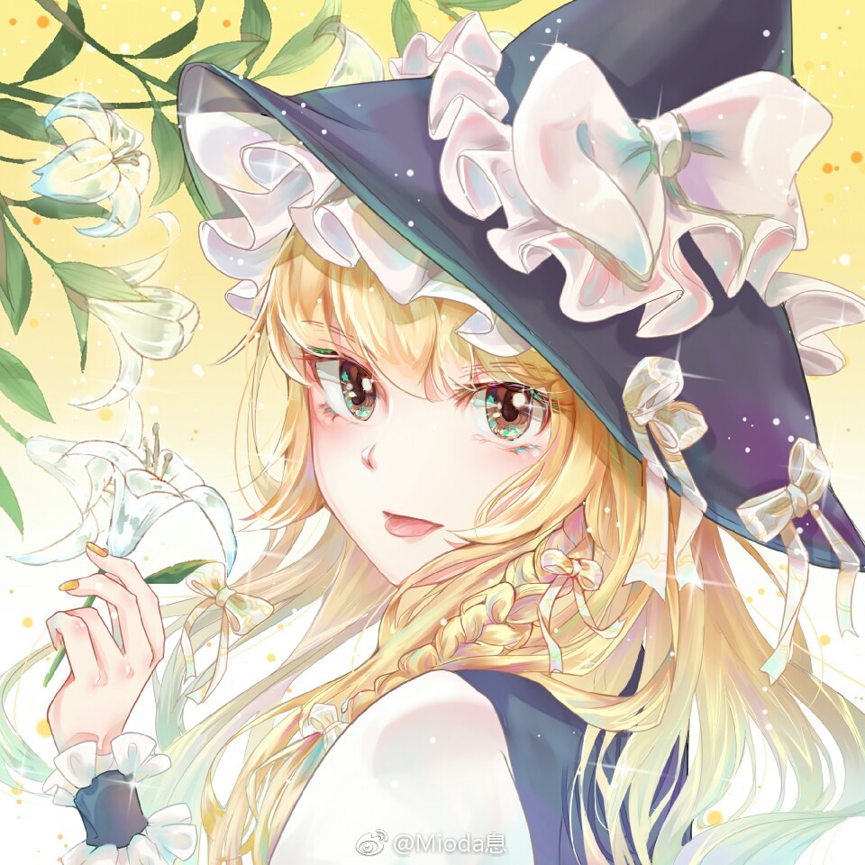 1girl black_headwear black_vest black_wrist_cuffs blonde_hair bow braid chinese_commentary commentary_request eyelashes flower frilled_bow frilled_hat frilled_wrist_cuffs frills from_behind gradient_background hair_bow hair_over_shoulder hat hat_bow holding holding_flower kirisame_marisa light_particles lily_(flower) long_hair looking_at_viewer looking_back mioda_xi multiple_hair_bows parted_lips puffy_sleeves shirt simple_background single_braid solo sparkle tongue touhou upper_body vest watermark weibo_logo weibo_username white_bow white_flower white_shirt white_sleeves witch_hat wrist_cuffs yellow_background yellow_bow yellow_eyes