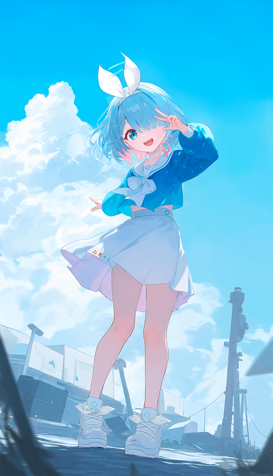 1girl arona_(blue_archive) blue_archive blue_eyes blue_hair blue_shirt blue_sky blurry braid choker clouds cloudy_sky commentary cumulonimbus_cloud day depth_of_field full_body hair_over_one_eye hair_ribbon highres index_finger_raised long_sleeves looking_at_viewer medium_hair midriff_peek one_eye_covered open_mouth outdoors pink_hair ribbon school_uniform serafuku shirt shoes side_braid skirt sky smile sneakers solo standing umou_(umouawa) w white_choker white_footwear white_ribbon white_skirt