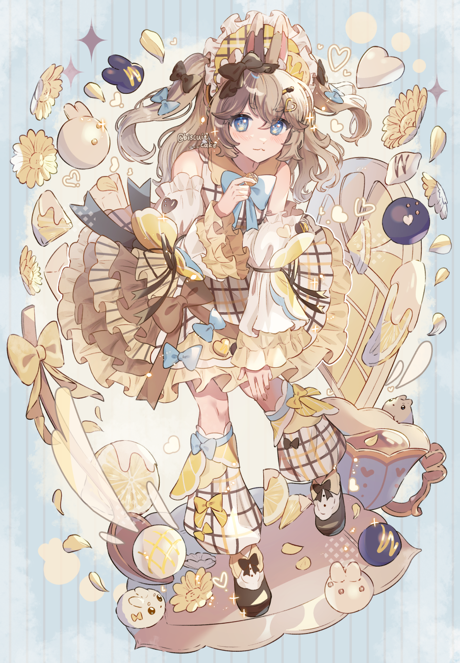 1girl :3 animal_ears artist_name bare_shoulders blue_background blue_bow blue_bowtie blue_eyes bow bowtie brown_footwear brown_hair commentary crossed_bangs cup detached_sleeves dress dress_bow flower food footwear_bow frilled_dress frilled_sleeves frills fruit full_body hair_bow hair_ornament hairclip hand_on_own_knee hand_up headdress heart heart_hair_ornament highres hikimayu layered_dress leaning_forward leg_warmers lemon lemon_slice long_hair looking_at_viewer mismatched_animal_ear_colors multicolored_clothes multicolored_dress original plaid plaid_dress plaid_legwear rabbit rabbit_ears shoes signature sleeveless sleeveless_dress solo standing standing_on_one_leg striped_background symbol-only_commentary teacup tsukumi_bis two_side_up yellow_flower yellow_headwear