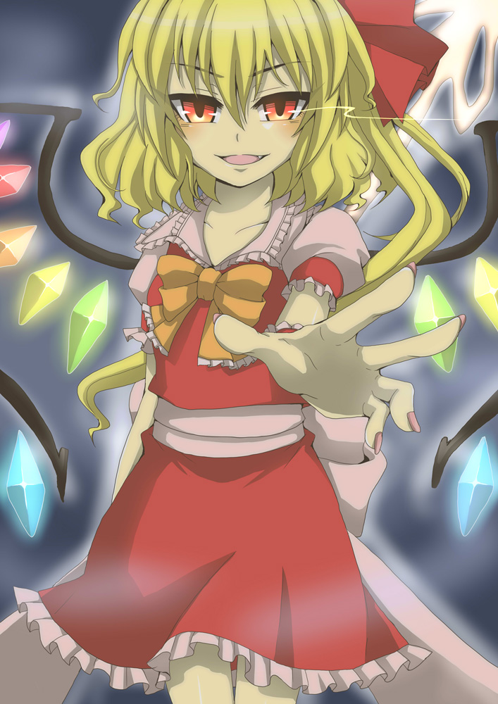 1girl back_bow blonde_hair bow bowtie collar collarbone collared_shirt commentary_request cowboy_shot crystal_wings evil_smile eye_trail fang flandre_scarlet frilled_bow frilled_collar frilled_skirt frilled_sleeves frills hair_ribbon laevatein_(touhou) light_trail long_hair looking_at_viewer nitoni open_mouth outstretched_arm pink_nails pink_shirt red_eyes red_ribbon red_skirt red_vest ribbon shirt short_sleeves side_ponytail skirt sleeve_ribbon smile solo touhou vest yellow_bow