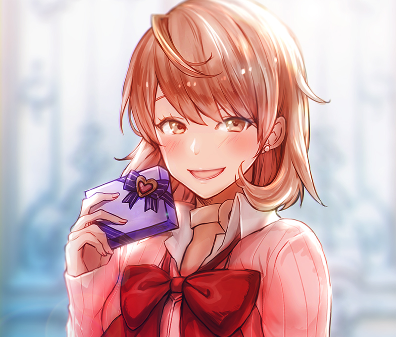 1girl blurry blurry_background blush bow bowtie box box_of_chocolates brown_eyes brown_hair cardigan choker collared_shirt commentary earrings gift gift_box hand_up heart heart_choker holding holding_box jewelry long_sleeves looking_at_viewer open_mouth pate_(tbit) pearl_earrings persona persona_3 pink_cardigan red_bow red_bowtie shirt short_hair smile solo swept_bangs takeba_yukari valentine white_choker white_shirt