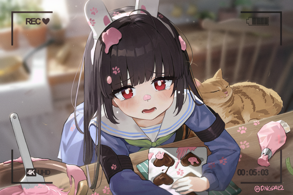 1girl animal_ears battery_indicator black_hair blue_archive blue_serafuku blush bright_pupils candy chocolate english_commentary fake_animal_ears food green_neckerchief grey_halo halo heart heart-shaped_chocolate long_hair long_sleeves looking_at_viewer miyu_(blue_archive) neckerchief ongdal2 open_mouth rabbit_ears recording red_eyes sailor_collar school_uniform serafuku solo twitter_username valentine white_pupils white_sailor_collar