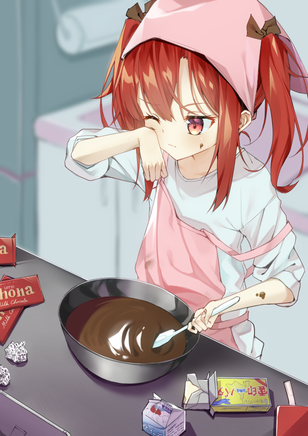1girl apron bowl chocolate chocolate_on_face choro_tofu food food_on_face head_scarf holding holding_spatula indoors long_hair one_eye_closed original red_eyes redhead solo spatula stirring twintails valentine wiping_face