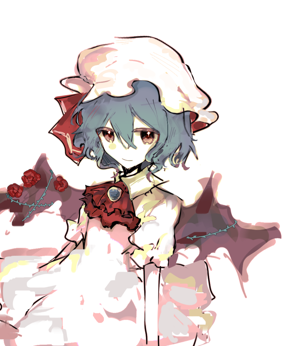 1girl ascot bat_wings blue_brooch blue_hair brooch brown_eyes chinese_commentary closed_mouth collared_shirt commentary_request dress flat_chest flower hair_between_eyes hat hat_ribbon jewelry mob_cap puffy_short_sleeves puffy_sleeves red_ascot red_flower red_ribbon red_rose remilia_scarlet ribbon rose shirt short_hair short_sleeves simple_background smile solo touhou white_background white_dress wings xinjinjumin215492693670
