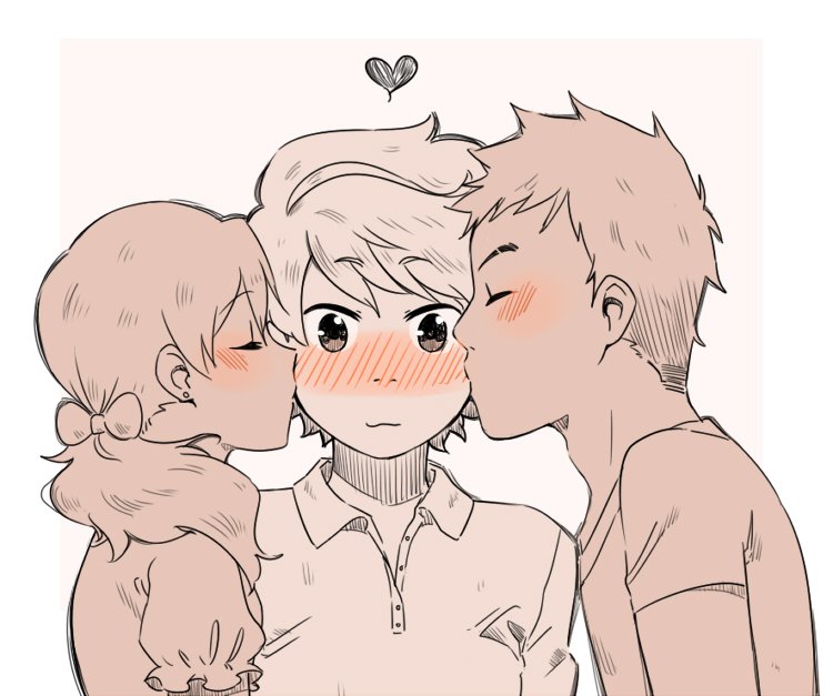 1boy 1girl 1other :3 androgynous ange_(angeban93) bisexual_female bisexual_male blush bow collared_shirt commentary double_cheek_kiss english_commentary hair_bow heart hetero kiss kissing_cheek nose_blush original shirt