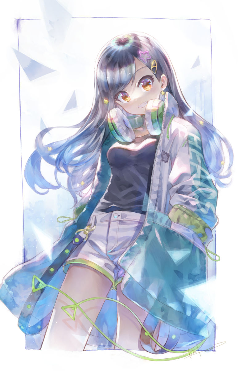 1girl aqua_jacket bare_legs black_hair black_shirt blue_hair commentary_request earrings full_body gradient_hair hair_ornament hairclip headphones headphones_around_neck highres jacket jewelry kei_(keigarou) long_sleeves looking_at_viewer multicolored_hair orange_eyes parted_bangs project_sekai shiraishi_an shirt shorts simple_background smile solo star_(symbol) star_earrings star_hair_ornament swept_bangs white_background white_footwear white_shorts