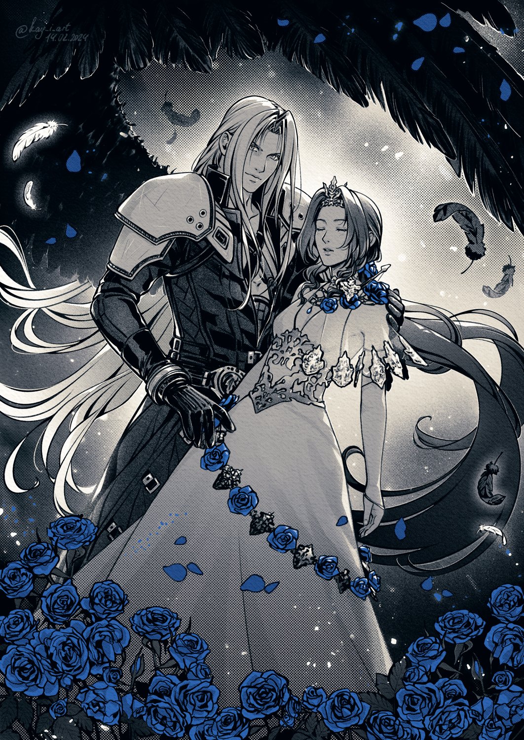 1boy 1girl aerith_gainsborough aerith_gainsborough_(prism_dress) armor bangle black_coat black_feathers black_gloves black_wings blue_flower blue_rose bracelet breasts chest_strap closed_eyes closed_mouth coat couple dated detached_sleeves dress dress_flower falling_feathers falling_petals feathered_wings feathers final_fantasy final_fantasy_vii final_fantasy_vii_ever_crisis final_fantasy_vii_remake flower gloves hand_on_another's_shoulder hetero highres jewelry kay-i long_coat long_dress long_hair looking_at_viewer low_ponytail medium_breasts monochrome parted_bangs parted_lips petals plunging_neckline rose see-through see-through_sleeves sephiroth shoulder_armor sidelocks single_wing spot_color tiara twitter_username wavy_hair white_dress white_feathers white_sleeves wings