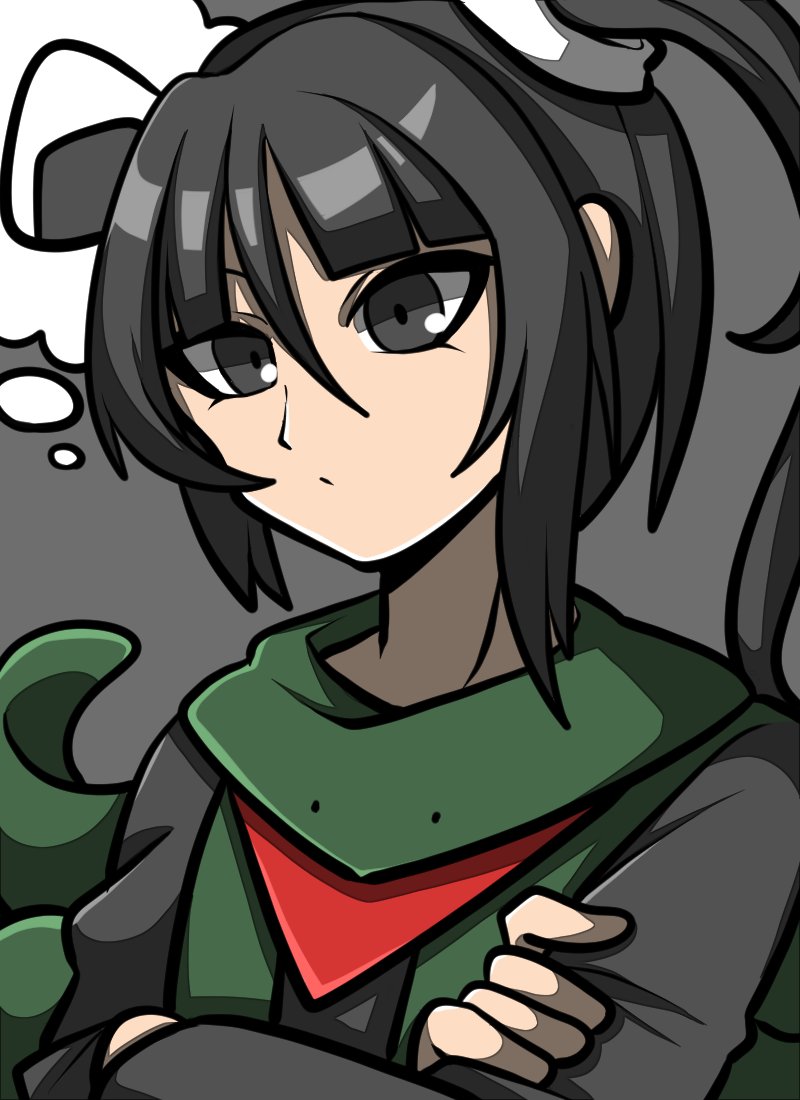 1jumangoku 1other adagumo_no_yaorochi androgynous black_eyes black_hair black_shirt black_sleeves blunt_bangs closed_mouth commentary crossed_arms eyelashes food green_jacket green_scarf grey_background hair_between_eyes hair_ornament hair_scrunchie high_side_ponytail jacket japanese_clothes len'en light_frown long_hair long_sleeves looking_ahead multiple_tails onigiri open_clothes open_jacket other_focus red_scarf scarf scrunchie shirt simple_background sleeveless sleeveless_jacket snake_tail solo spoken_food tail thought_bubble upper_body white_scrunchie